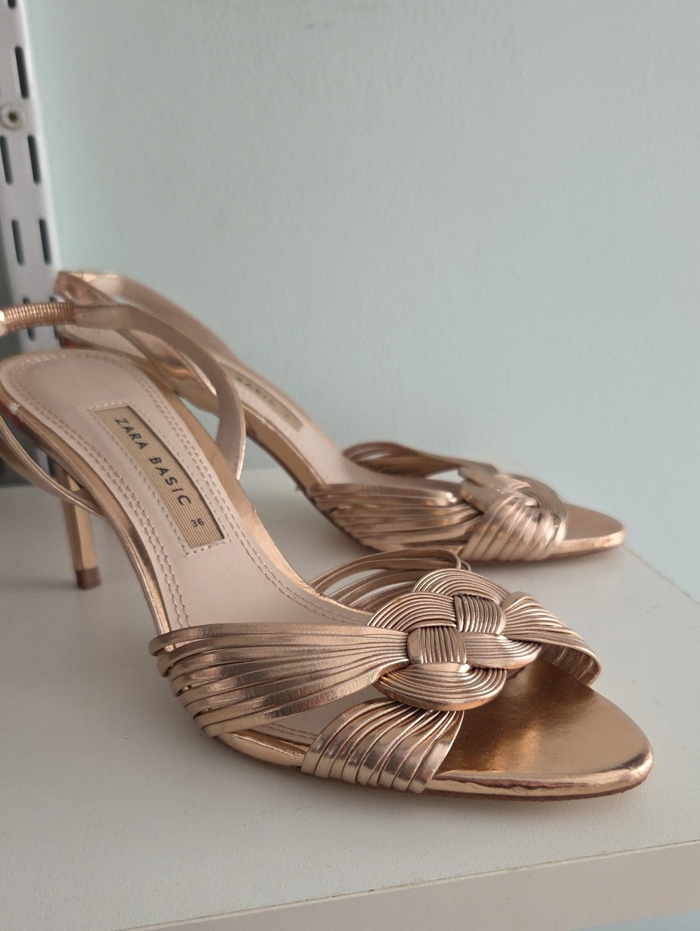Zara Metallic Rose Gold Knotted Strap Slingback Heels